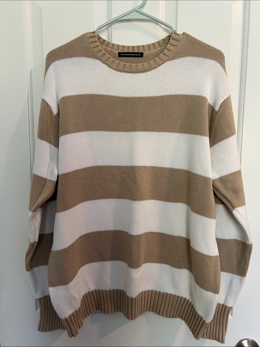 Brandy Melville Tan and White Striped Crewneck Sweater